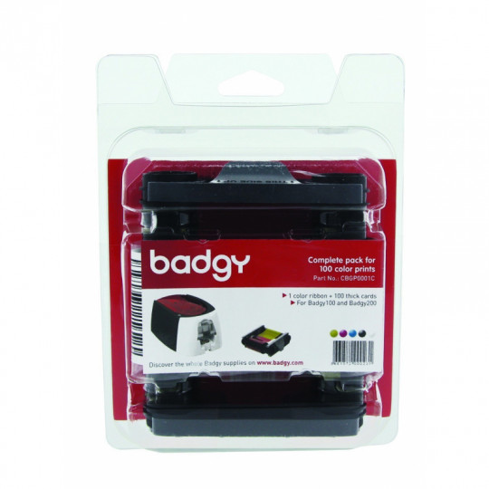 Kit EVOLIS BADGY200 100 cartes PVC blanches 0.76mm + 1 ruban impression YMCKO 100 faces CBGP0001C